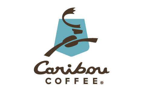 Caribou Coffee logo: A circular emblem featuring a leaping caribou with antlers, surrounded by the text "Caribou Coffee" in bold letters.
